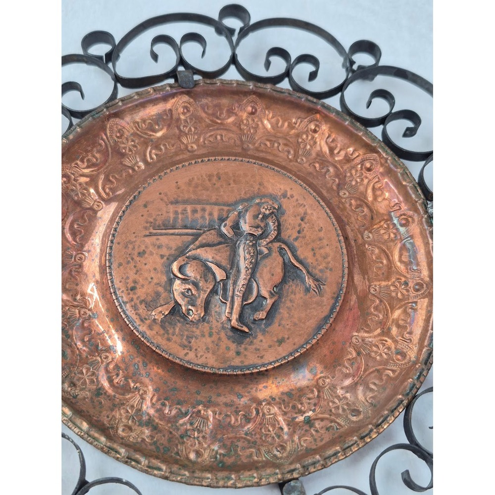 Vintage Copper Matador Bullfighter Embossed Plaque Light Patina Scroll Frame